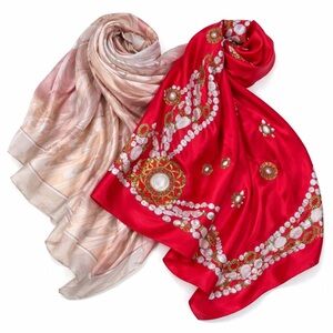 Vintage Avon Scarf Bundle Silk & Polyester Red Gold Pink Square Scarves